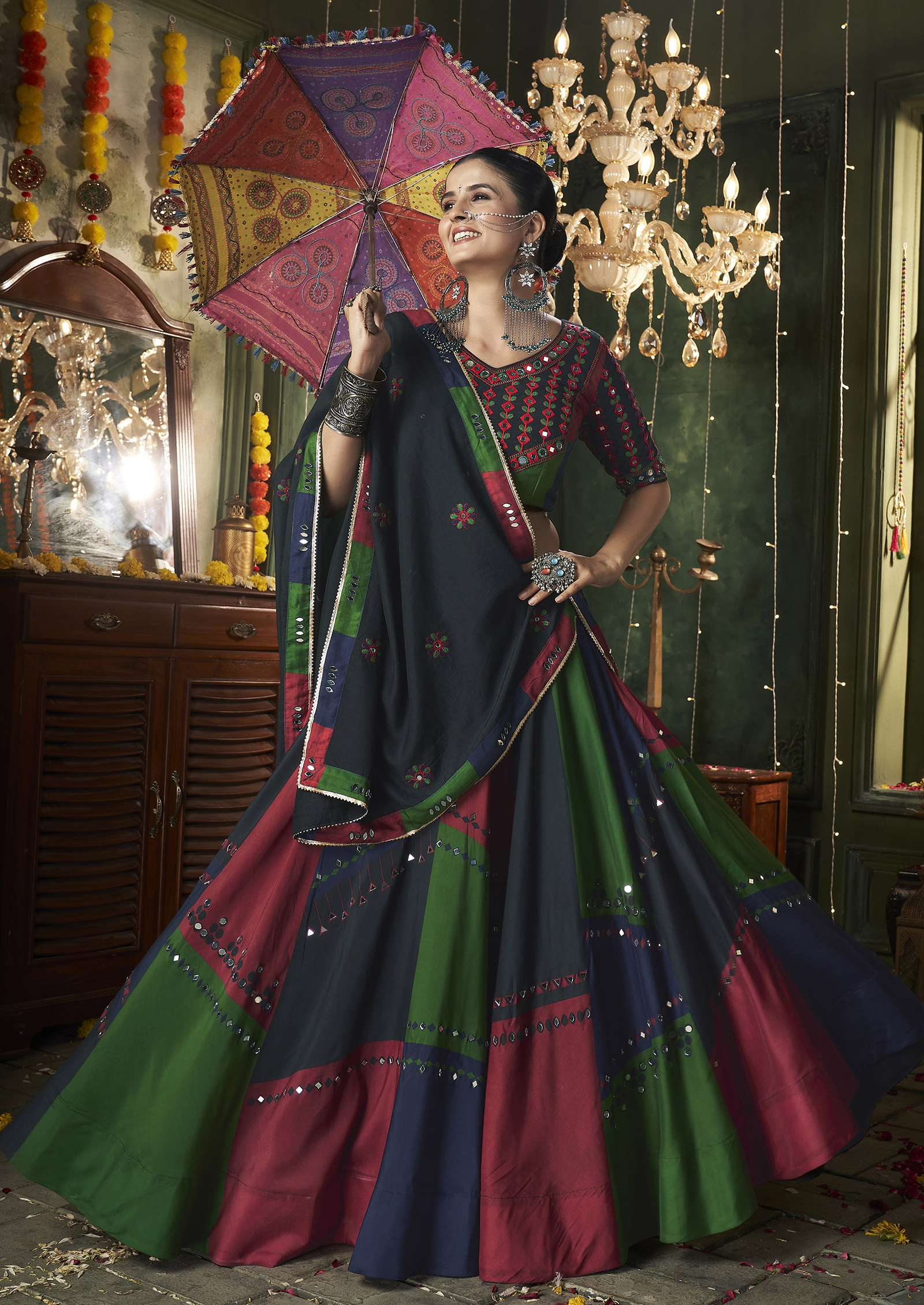 Multi Color Thread Mirror Embellished Maslin Cotton Lehenga Set
