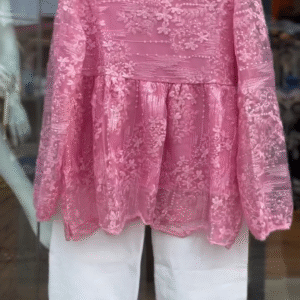 🌸 Elegant Pink Lace Top & White Pants Set 🤍