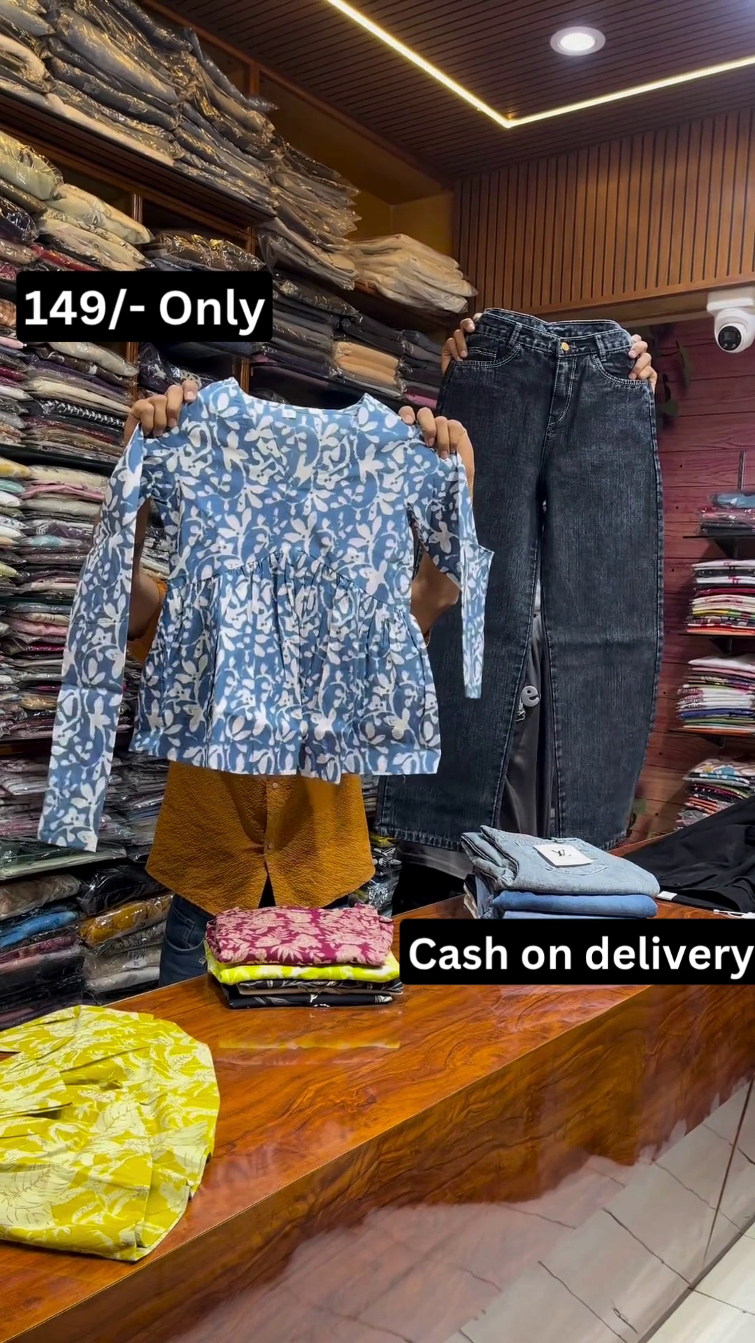 Trendy Yellow Printed Top with Classic Black Denim Combo - Image 2