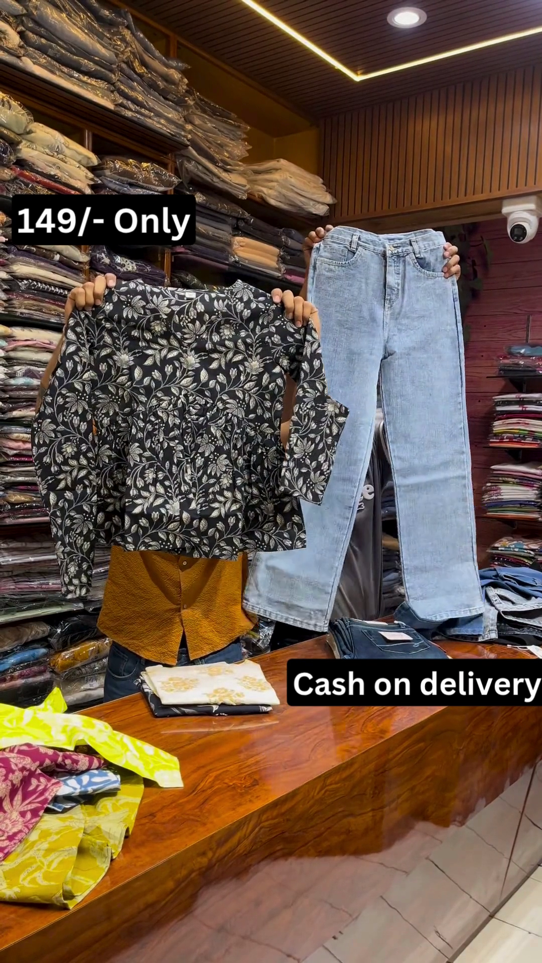 Trendy Yellow Printed Top with Classic Black Denim Combo - Image 4