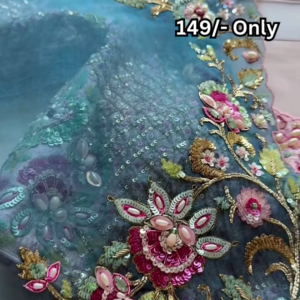 Aqua Blue Net Saree with Exquisite Floral Sequin Handwork