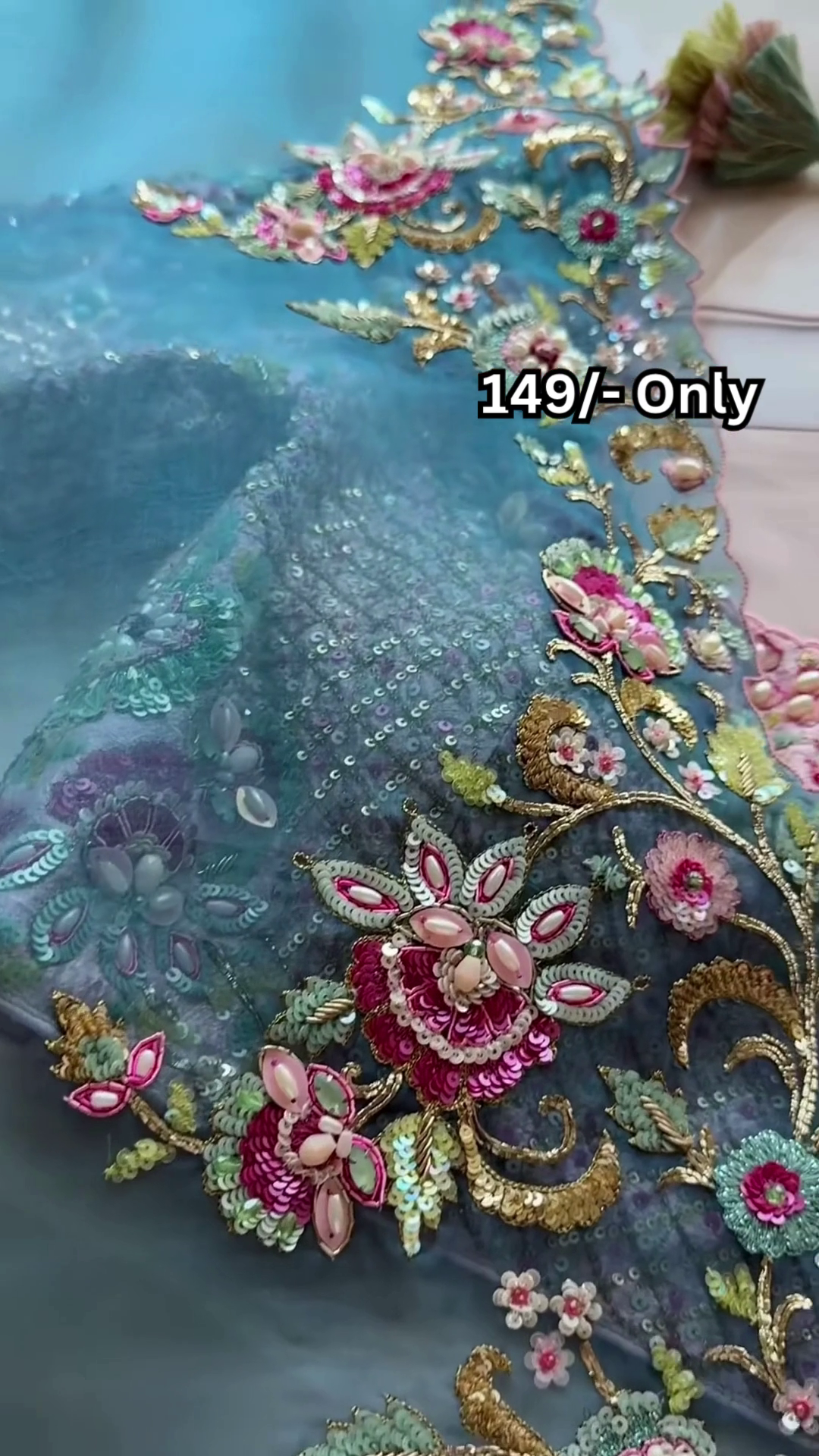 Aqua Blue Net Saree with Exquisite Floral Sequin Handwork