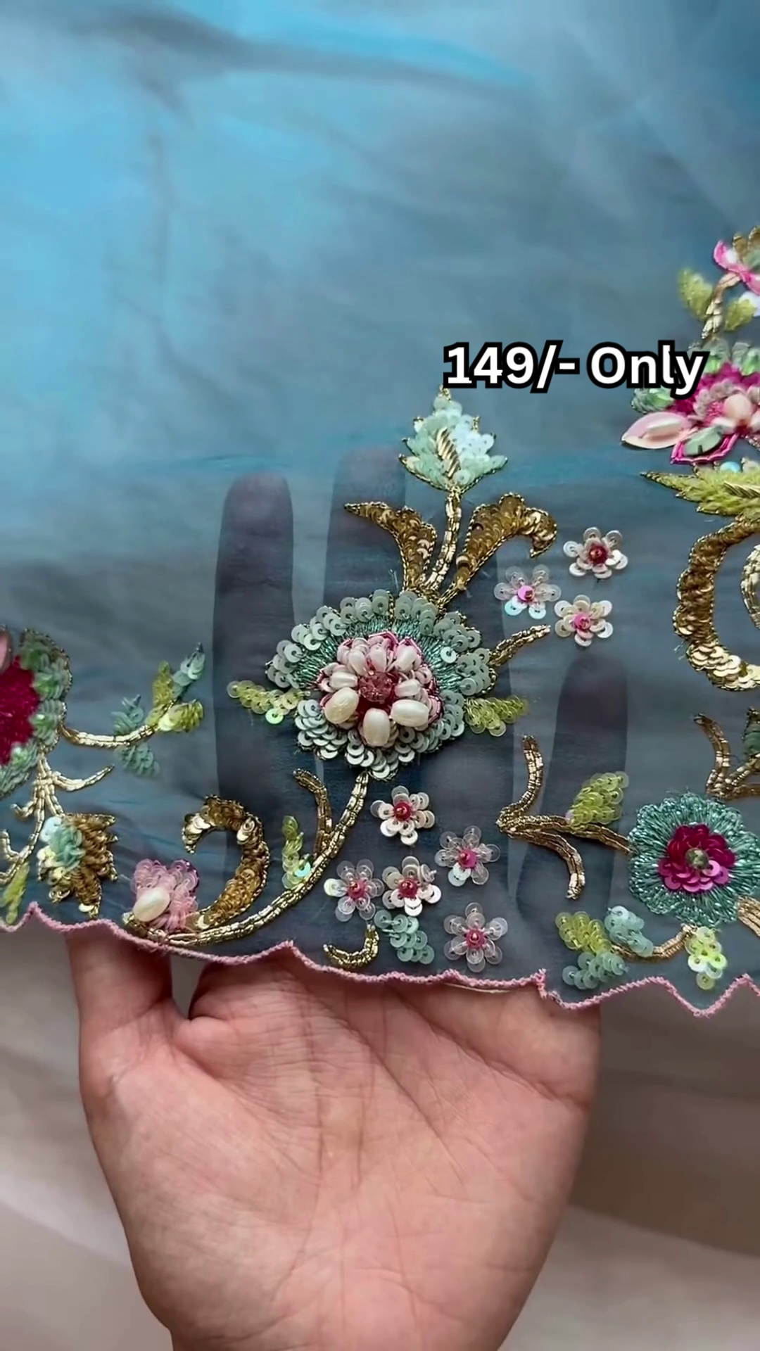 Aqua Blue Net Saree with Exquisite Floral Sequin Handwork - Image 3