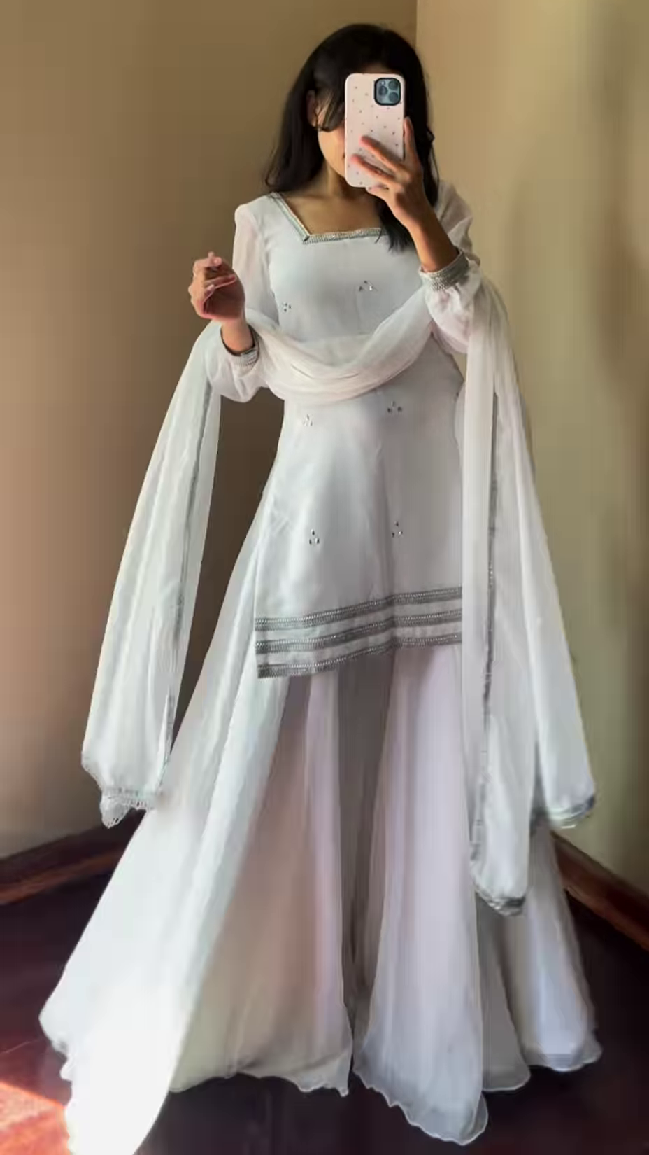 Elegant White Anarkali Set with Flowing Dupatta - Image 4