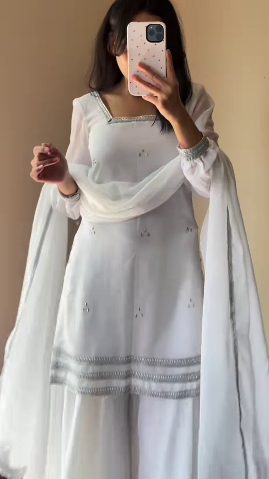 Elegant White Anarkali Set with Flowing Dupatta - Image 3