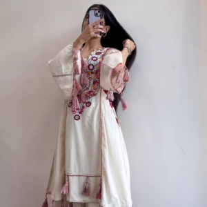 Cream Ethnic Dress with Pink Tassel Detailing