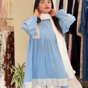 Soft Blue Tunic Set with Delicate White Lace Finish