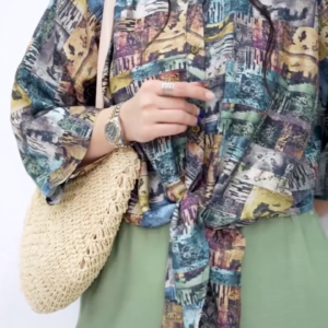 Artistic Printed Tie-Front Top with Earthy Tones