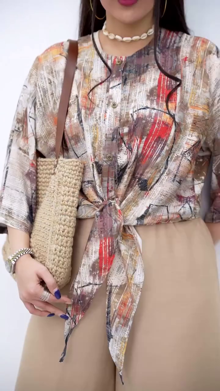 Artistic Printed Tie-Front Top with Earthy Tones - Image 4