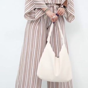 Elegant Beige Striped Co-Ord Set with Statement Sleeves