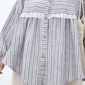 Chic Grey Striped Top with Delicate Lace Detail