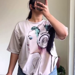 Oversized Graphic T-Shirt with Artistic Headphone Illustration